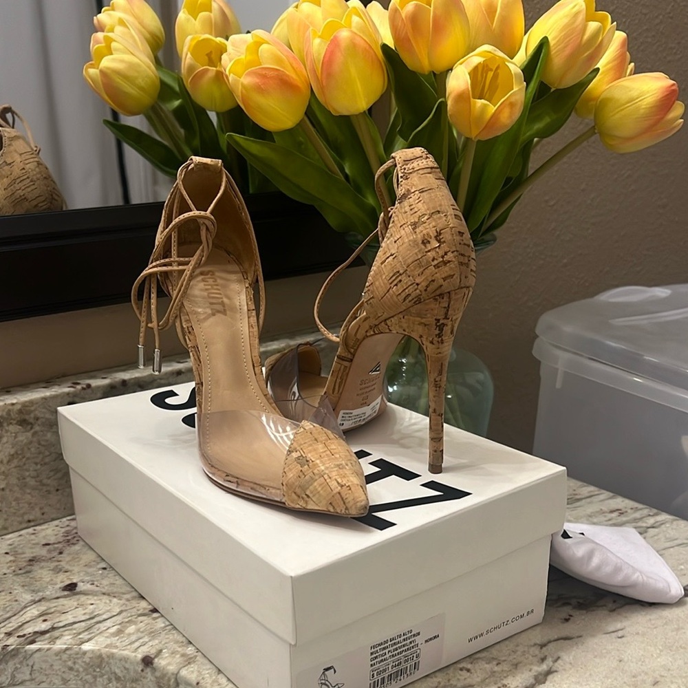 SCHUTZ Tan Lace-Up Stiletto Heels